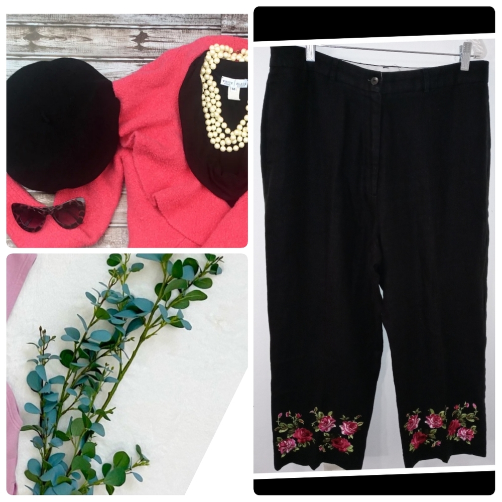 Floral Embroidered 100% Linen Black Boho Wide Leg Capri Pants Trouser Size 14●●